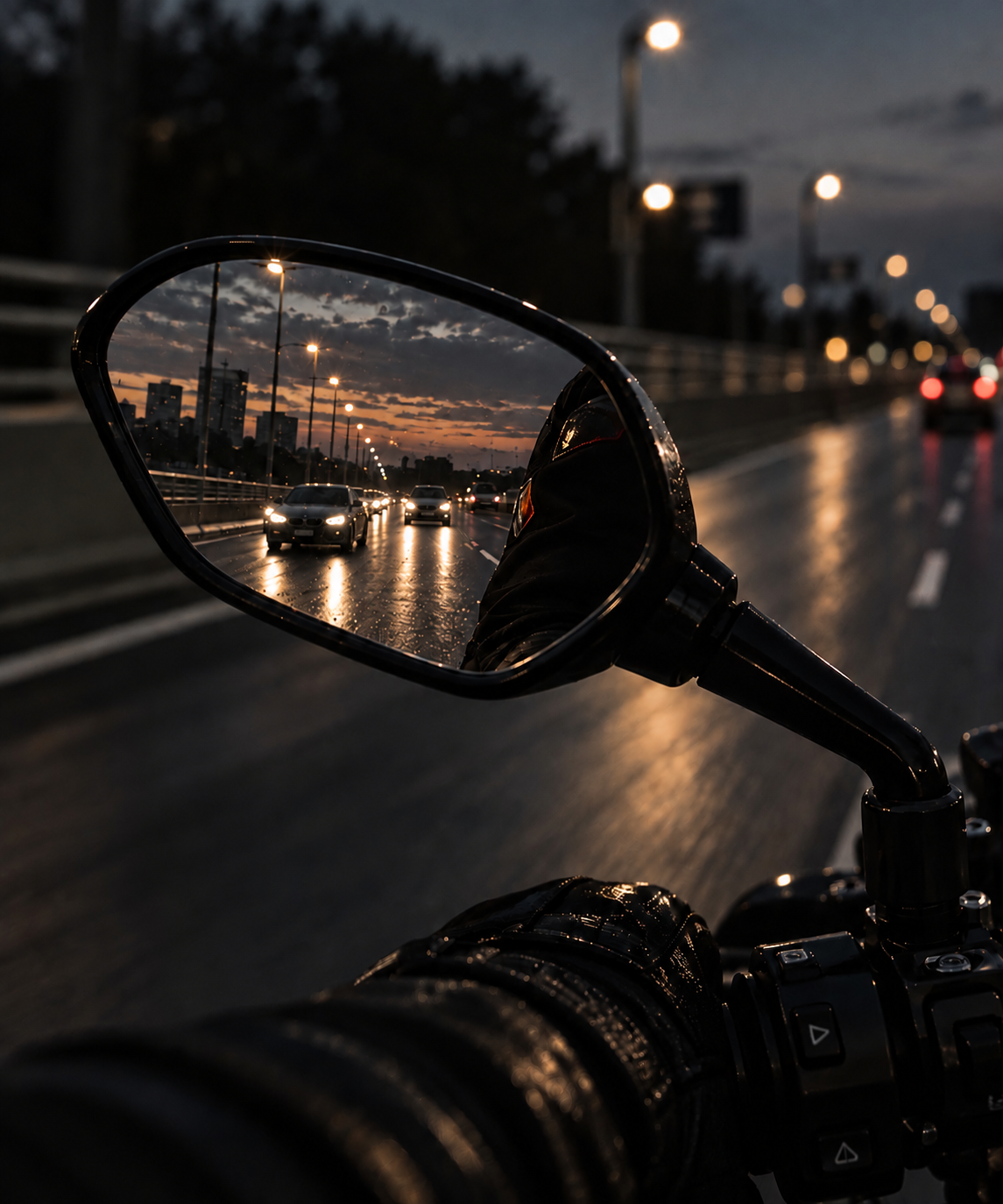 A motorcycle rear-view mirror reflecting traffic on a wet evening road
