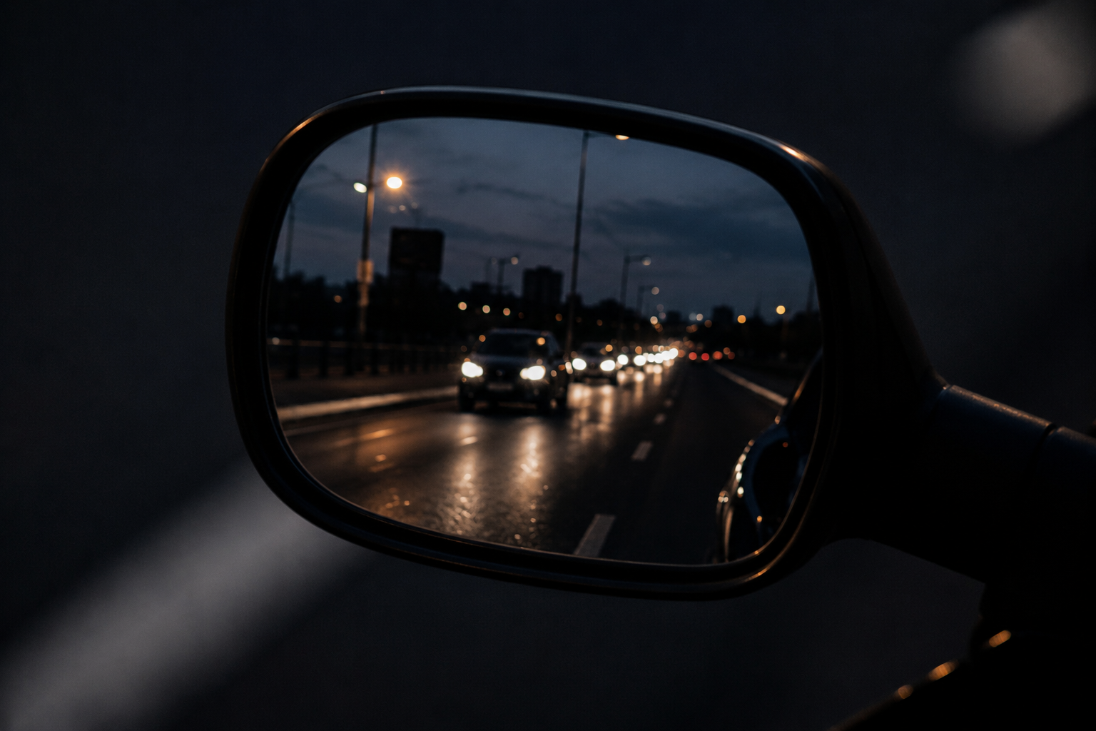 A side mirror at dusk reflecting distant headlights